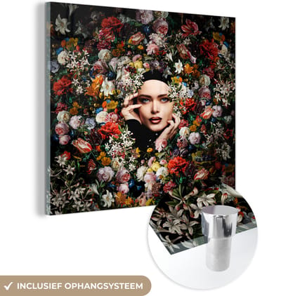 MuchoWow® Glasschilderij 50x50 cm - Schilderij acrylglas - Bloem - Vrouwen - Portret - Botanisch - Foto op glas - Schilderijen