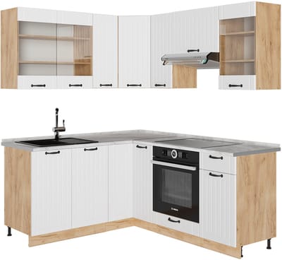 Vicco Hoekkeuken Fame-Line, Wit Landhuis/Goudkleurig Eiken, 190 x 160 cm, WB Marmer