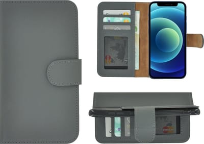 Hoesje Geschikt voor iPhone 13 - Bookcase - Portemonnee Hoes Echt leer Wallet case Grijs