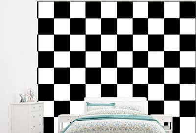 Behang - Fotobehang Schaakbord - Patronen - Zwart Wit - Breedte 300 cm x hoogte 240 cm
