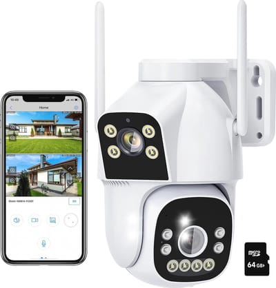 2MP+2MP Bewakingscamera Buiten met 360° PTZ, Nachtzicht, Twee-Weg Audio en Bewegingsdetectie