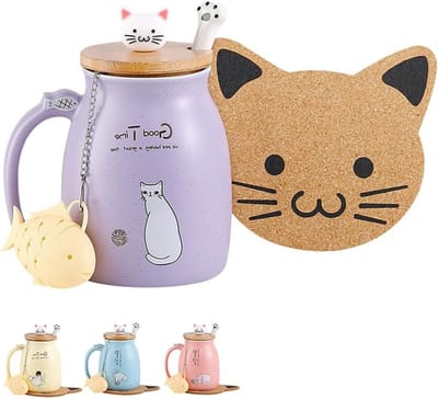 Schattige keramische kattenmok met lief deksel en lepel, ideaal voor koffie, thee en melk - 380ML kerstcadeau
