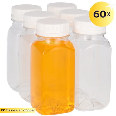60 x Sapfles Plastic 75 ml - Vierkant - PET Flessen met Dop Wit- PET Kunststof BPA-vrij - Plastic Flessen Navulbaar - Met Dop - Lege Flessen - 60 stuks
