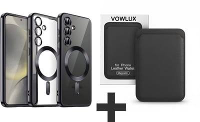VOWLUX® Compatible Samsung Galaxy S25 hoesje van schokbestendig siliconen met camera lens Protector bescherming + Compatible MagSafe QuickWallet pasjeshouder – 24 magneten extra sterk – max 3 pasjes – kunstleer – Zwart
