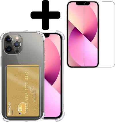 Hoesje - Geschikt voor Apple iPhone 13 Pro - Met Screenprotector - En Pashouder - En Kaarthouder - Telefoon Hoes Shockproof - Siliconen Case - Back Cover - Shock Proof - Pasjes Houder - Telefoonhoesjes - Transparant