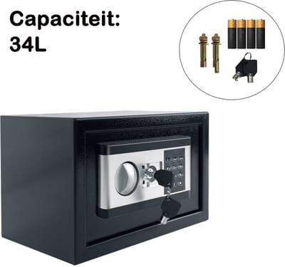 Elektronische Kluis met Codeslot & Sleutel 38 x 30 x 30cm – Geldkluis / Documentenkluis – Compacte Safe voor Thuis & Kantoor – Zwart/Zilver