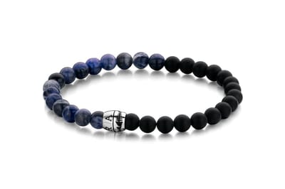 Frank 1967 Armband- 7fb-0415 – 8mm Kralen – Mat Zwarte Agaat & Sodaliet – Zilverkleurig Staal