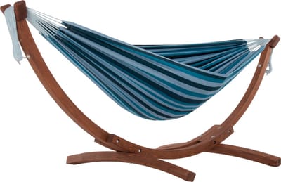 Vivere Double Katoenen Hangmat met Massief Houten Standaard - Blue Lagoon