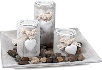 Gerimport Kaarsenbord - plateau - 3 kaarsenhouders - hout - deco stenen - 23x23 cm