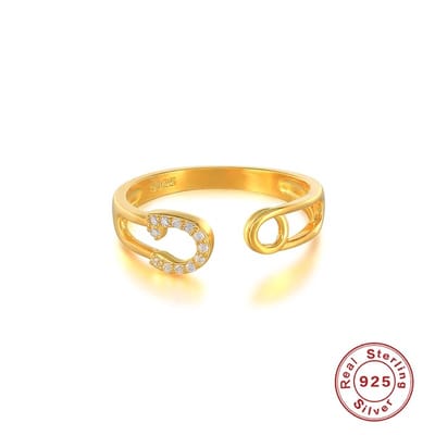 Soraro Verstelbare Zirkonia Veiligheidsspeld Ring | Goldplated | Dames Ring | Zirkonia Steen | Klemring | Vrouwen Cadeau