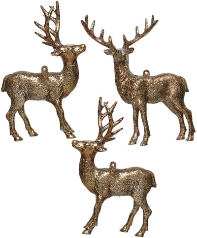 Kersthangers - 6x - hertje - met glitters - koperbruin - 14 cm - Herten dieren thema kerstboomhangers