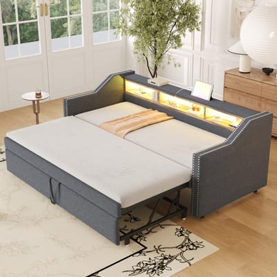 Slaapbank 90/180x190cm - met uitschuifbaar bed - opbergruimte - LED-verlichting en USB-aansluiting - donkergrijs - zonder matras