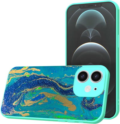 Smartphonica Telefoonhoesje Geschikt voor iPhone 12 met Blauw Goud Marmer opdruk - TPU Back Cover Case Blue Gold Marble Design - Turquoise geschikt voor iPhone 12