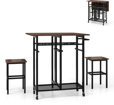 COSTWAY Eettafelset, 3-delig, uittrekbare keukentafel op wielen met 2 stoelen, eetgroep met 6 flessen, wijnrek, planken en handgreep, inklapbare eetkamertafel voor kleine ruimtes (bruin + zwart)