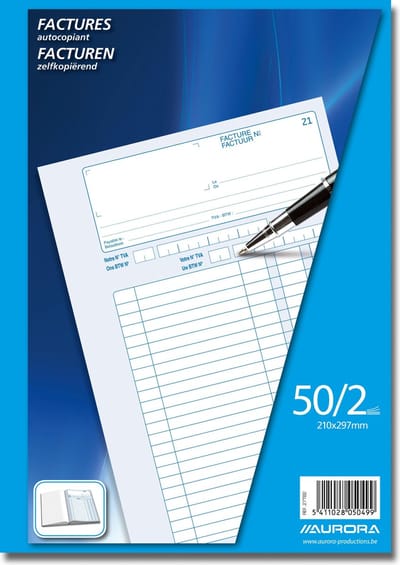 Aurora Factuur Blok/Boek A4, zelf kopiërend doorschrijfpapier, 50 x 2 vel