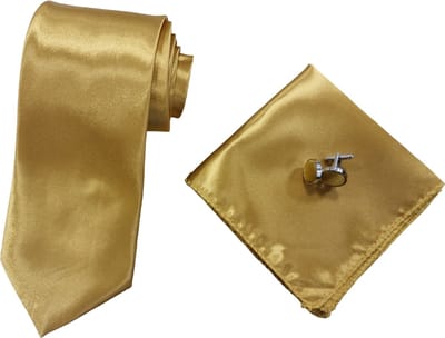 Sorprese Stropdas met Pochet en Manchetknopen - Goud - 7.5cm - Effen - Stropdassen - Pochette - Cadeau