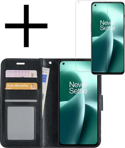 Hoesje - Met Screenprotector - Geschikt voor OnePlus Nord 2T - Luxe Pasjeshouder - Bookcase Portemonee - Flip Case - Kunstleer Book Case - Flipcase - Book Cover - Walletcase - Portemonneehoes - Zwart