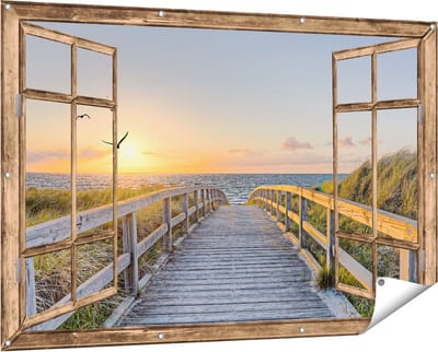 Gards Tuinposter Doorkijk Voetpad met Zee en Vogels - 150x100 cm - Tuindoek - Tuindecoratie - Wanddecoratie buiten - Tuinschilderij