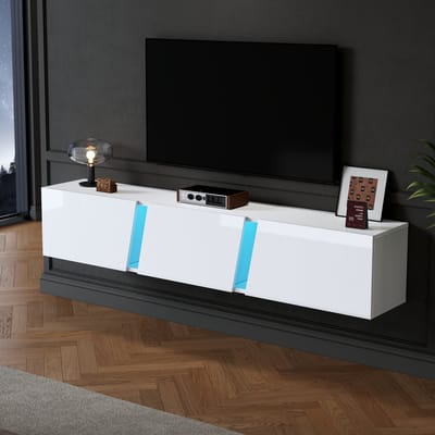 MIVRAY Tv Meubel - Zwevend Wandmodel Met Appgestuurde Led - 3 Klapdeuren En 5 Vakken Voor Woonkamer - 180x35x30 cm - Hoogglans - Wit