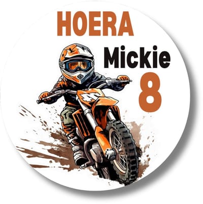 Gepersonaliseerde motocross sticker met naam en leeftijd – 20 ronde stickers 4 cm – verjaardag traktatie jongen