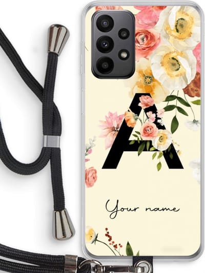Gepersonaliseerd - Case Company® - Hoesje met koord geschikt voor Samsung Galaxy A23 hoesje met Koord - Flirty Flowers Monogram - Telefoonhoesje met Zwart Koord - Bescherming aan alle Kanten en Over de Schermrand