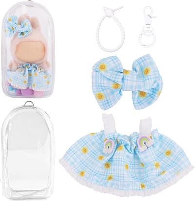 Poppenkledingset & Doorzichtige Displaytas voor figuren, Blauw-Wit Geruit Jurkje met Strikclip & Sleutelhanger Beschermhoesje met Pluchen Ballen voor 15cm/17cm Poppen Outfitaccessoires