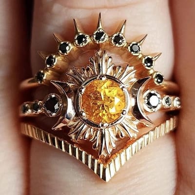 Vintage Damesringen Goudkleurig Rond Bloem Geel Zwart Steen Ringen Set Feestaccessoires Cadeau 8 brown