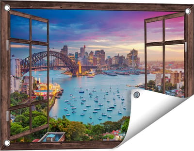 Gards Tuinposter Doorkijk Sydney Harbour Bridge in de Avond - 60x40 cm - Tuindoek - Tuindecoratie - Wanddecoratie buiten - Tuinschilderij