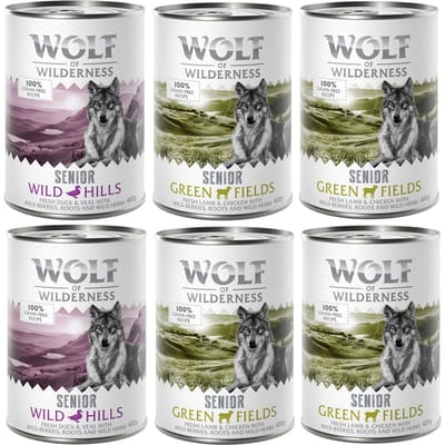 6 x 400 g Wolf Of Wilderness Lam & Kip, Eend & Kalf Honden Natvoer