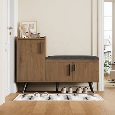 Sweiko Moderne schoenenbank, schoenenkast met drie opbergdeuren met asymmetrische metalen handgrepen en opbergruimte op meerdere niveaus, 100*34*69 cm, bruin