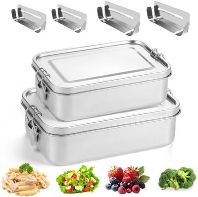 Dailygoods - BORDEAG Lunchbox van roestvrij staal, 850 ml + 1400 ml, lunchbox van roestvrij staal, met 2 850 ml + 2 1400 ml uitneembare scheidingswand, lunchbox van roestvrij staal, voor kinderen en volwassenen