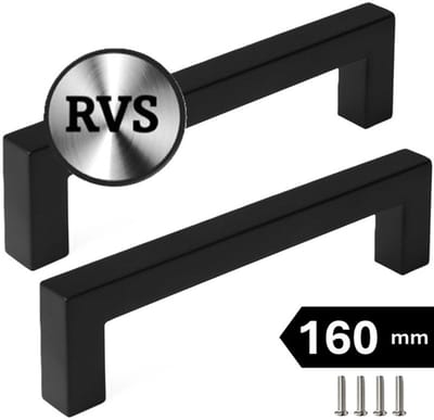 2 X MSQDESIGN Handgrepen RVS zwart - Boormaat 160mm - zwarte Handgreep voor Keuken & Kast - Moderne Meubelgreep - Keukengreep Mat zwart -Kastgrepen- zwarte Greepjes Keuken - zwarte RVS Handvatten - Deurgreepjes -incl schroevene