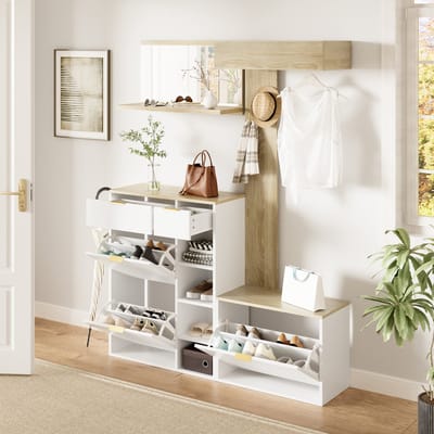 Clruro Garderobe Set - 130x30x174 cm - 4-Delig Met Schoenenkast Bank Spiegel en Garderobepaneel - Hout - Wit