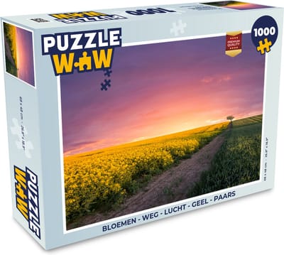 Puzzel Bloemen - Weg - Lucht - Geel - Paars - Zonsondergang - Natuur - Legpuzzel - Puzzel 1000 stukjes volwassenen