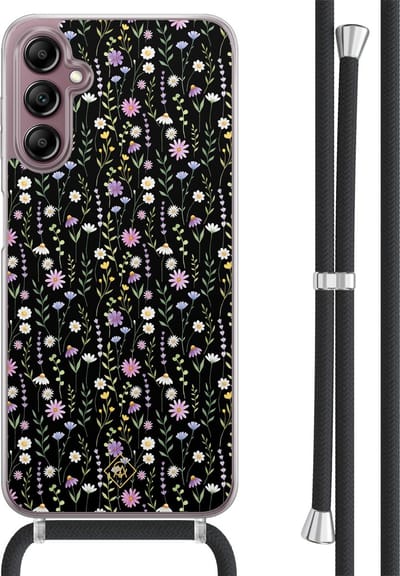 Casimoda® hoesje met koord - Geschikt voor Samsung A14 - Flower Fantasy - Afneembaar koord - TPU/acryl - Zwart