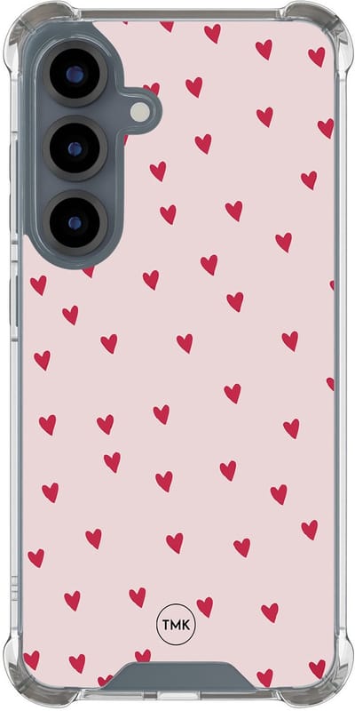 Shockproof hoesje geschikt voor Samsung Galaxy S25 - Cute hearts - Schokbestendig - Verhoogde randen - TPU case - Extra Sterke Back Cover - Print - Transparant, Roze