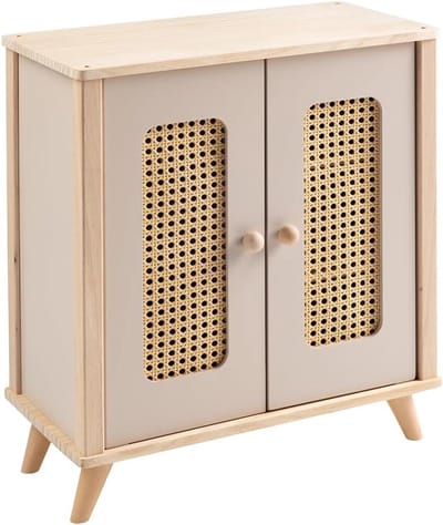 Poppenkast hout - Poppenmeubel kledingkast - Poppenkleding opbergen - Rotanlook deuren - 54 cm hoog - Beige