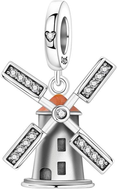 Fler® | Bedel | Past op populaire bedelarmbanden (standaard - 3mm) | Hollandse Molen Bedel | Hangbedel Charm | 925 sterling zilver | Oranje, grijze & zwarte emaille | Valentijnsdag Cadeau | Sinterklaas kado | Kerstcadeau | Verjaardagsgeschenk