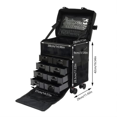 Make-up Trolley – Voor Salon & Visagie – Verrijdbare Koffer van Oxford Stof en Aluminium, Met Afneembare Wielen, Handmatig Te Trekken – Zwart