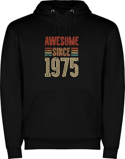Zwarte unisex hoodie met “ Kleurrijke Awesome Since 1975 – Feest – Verjaardag “ Print Full Color Color merk Roly maat S