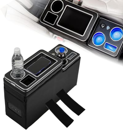 Center Console met Opbergcompartimenten, USB Aansluiting, LED Verlichting en Drinkhouder voor VW T5 T6 T6.1, Zwart en Praktisch Ontwerp