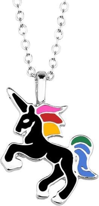 Fako Bijoux® - Kinderketting - Eenhoorn Regenboog Zwart - Zilverkleurig