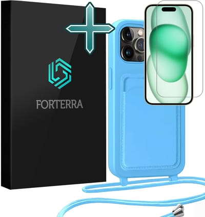Hoesje Geschikt voor iPhone 14 Pro Pashouder Case Siliconen Hoes Met Koord Met Screenprotector - Hoes Geschikt voor iPhone 14 Pro Met Telefoonkoord Hoesje Back Cover Met Pasjeshouder - Lichtblauw