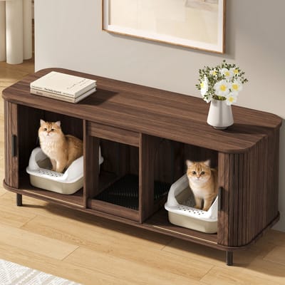 KOMHTOM - Kattenbakkast - Notenhoutlook - 140x50x60 cm - Schuifdeuren - Ruimte voor twee kattenbakken - Met opvangmat - Zonder kattenbak
