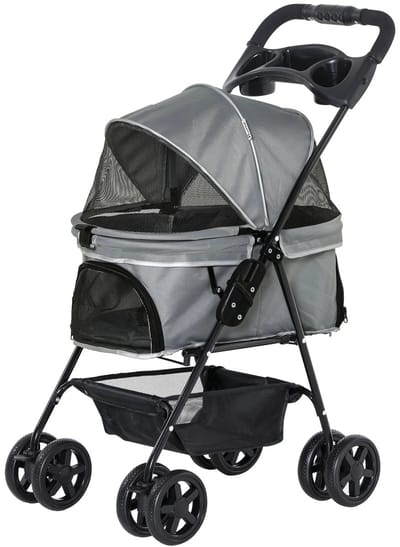 NaevaMi Honden- en Kattenwandelwagen – Inklapbare Huisdierenbuggy – Draagtas & Kinderwagen voor Kleine en Middelgrote Honden en Katten – Stevig, Comfortabel en Ventilerend – Tot Max. 15kg - Grijs