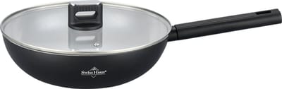 Swiss Haus® SCW28B Wokpan Inductie met Deksel - Ø 28 cm - PFAS Vrij - Wokpannen Voor Alle Warmtebronnen - Wok Pan Met Sapphire™ Antiaanbaklaag - Zwart