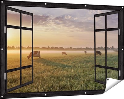Gards Tuinposter Doorkijk Koeien in de Wei tijdens Zonsopkomst - 150x100 cm - Tuindoek - Tuindecoratie - Wanddecoratie buiten - Tuinschilderij