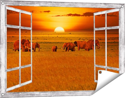 Gards Tuinposter Doorkijk Olifanten in het Wild - Zonsondergang - 90x60 cm - Tuindoek - Tuindecoratie - Wanddecoratie buiten - Tuinschilderij
