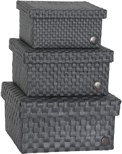 SET van 3 Opbergbox donkergrijs met deksel – stevige kunststof mand – decoratieve opbergdoos voor woonkamer, slaapkamer en kantoor - Handed By Cube Basket Basket size small, medium and large set 3