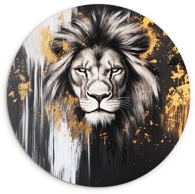 WallCircle® Wandcirkel 120x120 cm - Muurcirkel Leeuw - Portret - Verfspatten - Grijs - Muurdecoratie woonkamer - Wanddecoratie slaapkamer - Kamer decoratie accessoires - Ronde schilderijen XXL